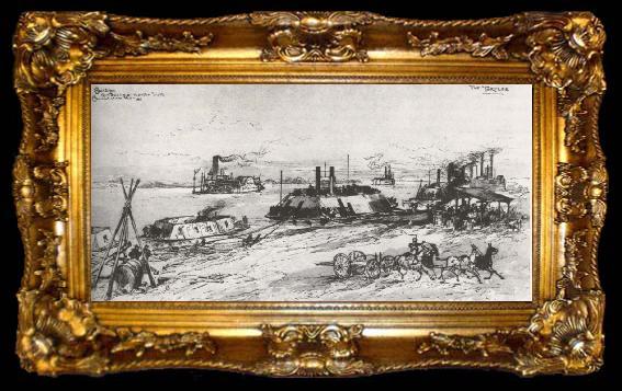 framed  Theodore R. Davis Building Gunboats and Mortar Boats, ta009-2